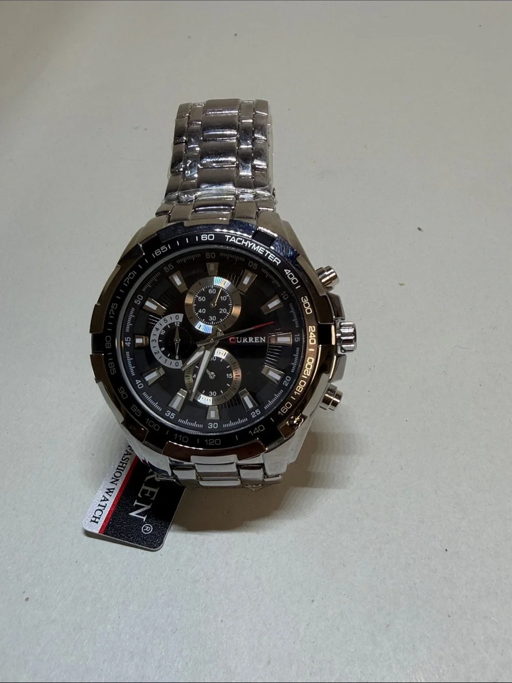 Men's Silver Stainless Steel Chronograph Watch with Black Dial